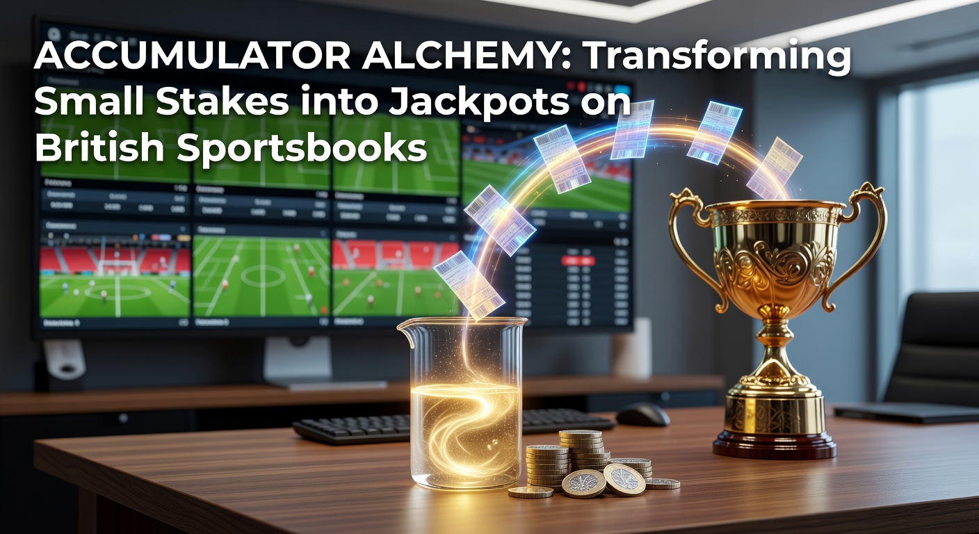 A vibrant digital graphic showing stacked betting slips transforming into a shower of gold coins against a backdrop of football pitches and race tracks, symbolizing accumulator bet growth