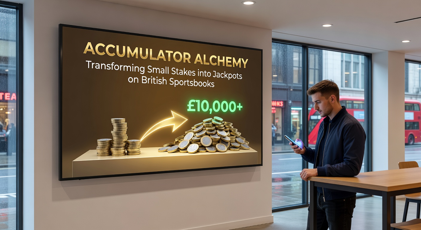 Close-up of a smartphone screen displaying a successful accumulator bet payout notification, with exploding multipliers and jackpot fireworks, set against a blurred stadium crowd