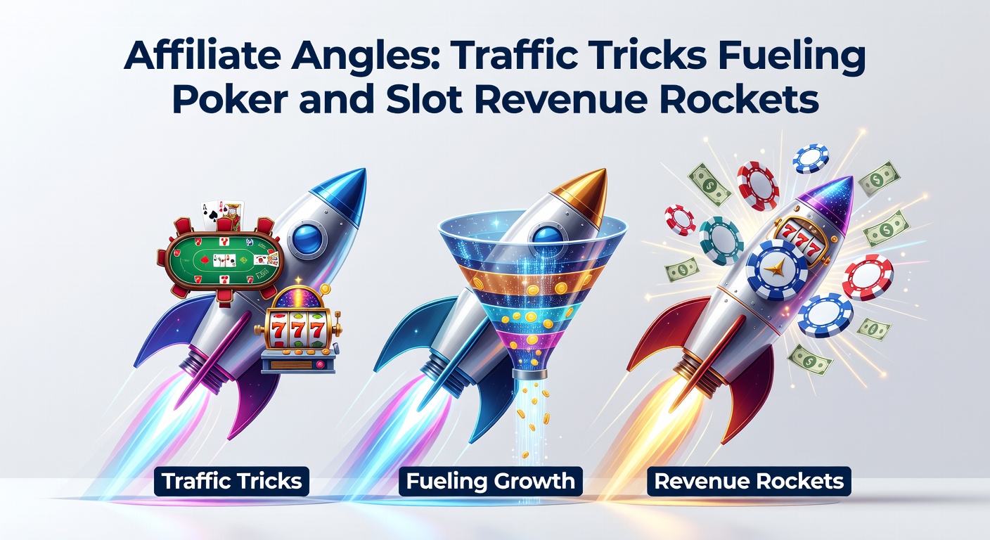 Infographic illustrating affiliate revenue share models with poker hands and slot reels exploding into profit charts