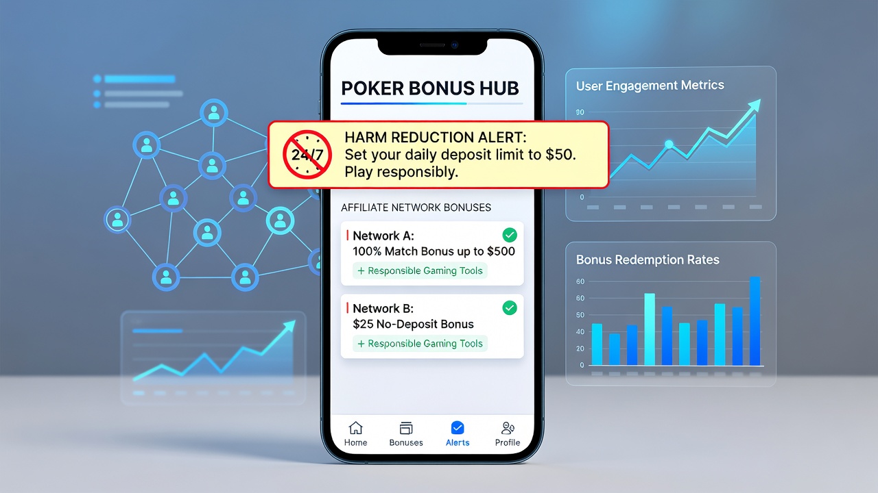 Mobile poker app screenshot displaying embedded harm reduction alert during bonus claim process