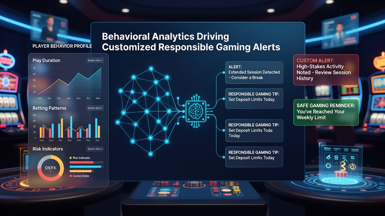 Illustration of customized responsible gaming alert appearing on a mobile casino interface based on analytics