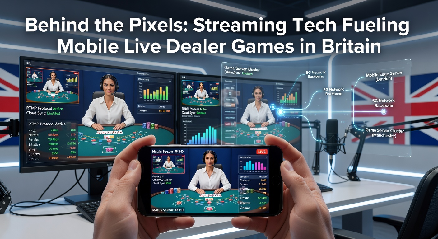 A sleek mobile device displaying a live roulette table with a dealer interacting in real-time, surrounded by streaming tech icons like 5G signals and low-latency streams
