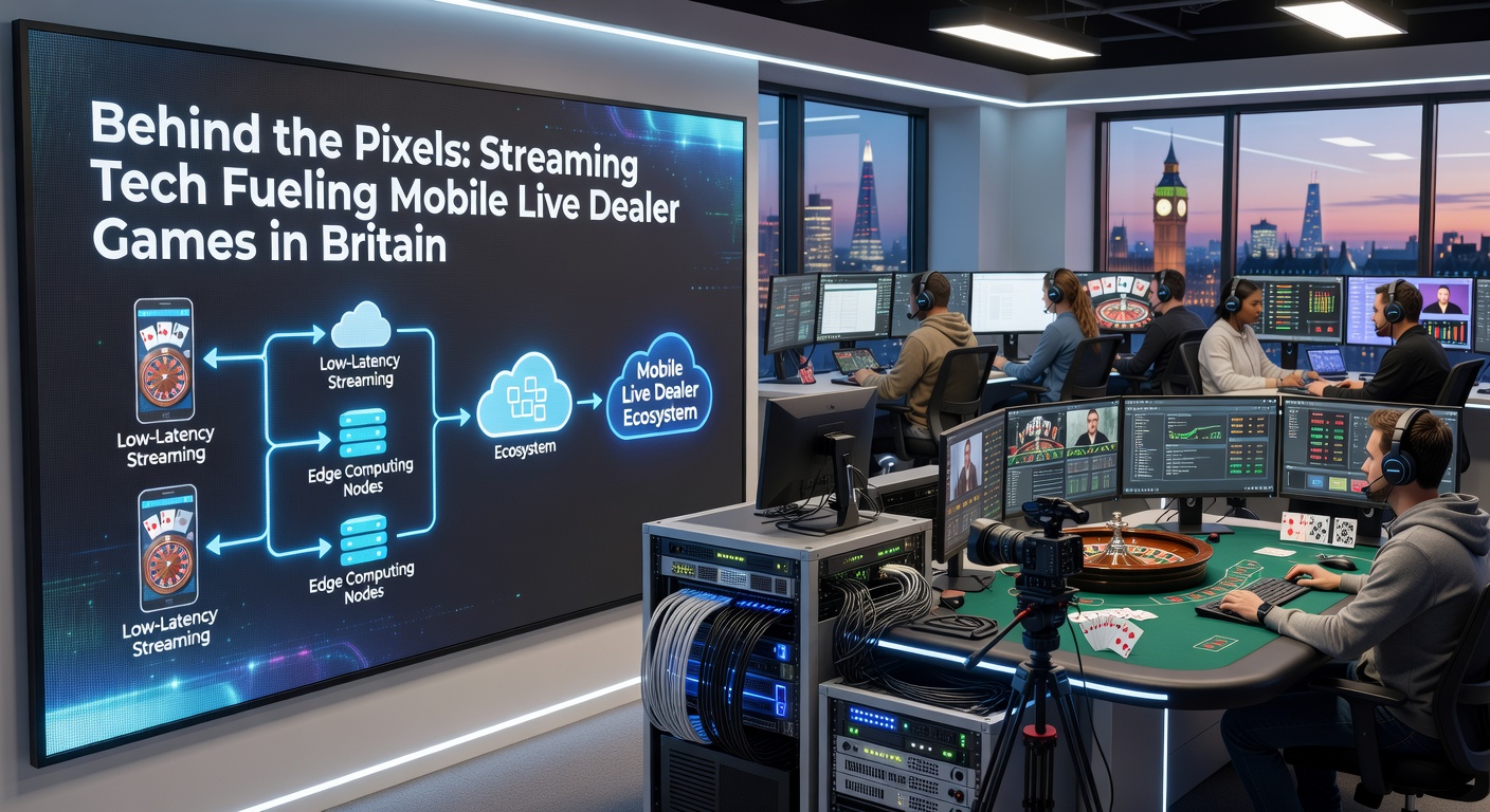 Close-up of streaming infrastructure with servers, 5G towers, and a live dealer studio setup, illustrating the tech backbone for mobile gaming