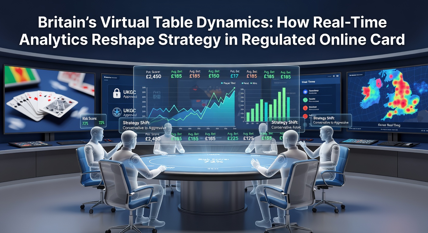 Group of online card players reviewing real-time strategy metrics on multiple screens during a regulated virtual table session