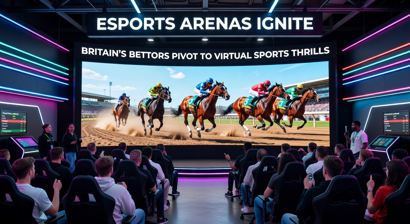 Packed esports arena with vibrant LED screens displaying fast-paced virtual sports action and excited bettors placing wagers on mobile devices