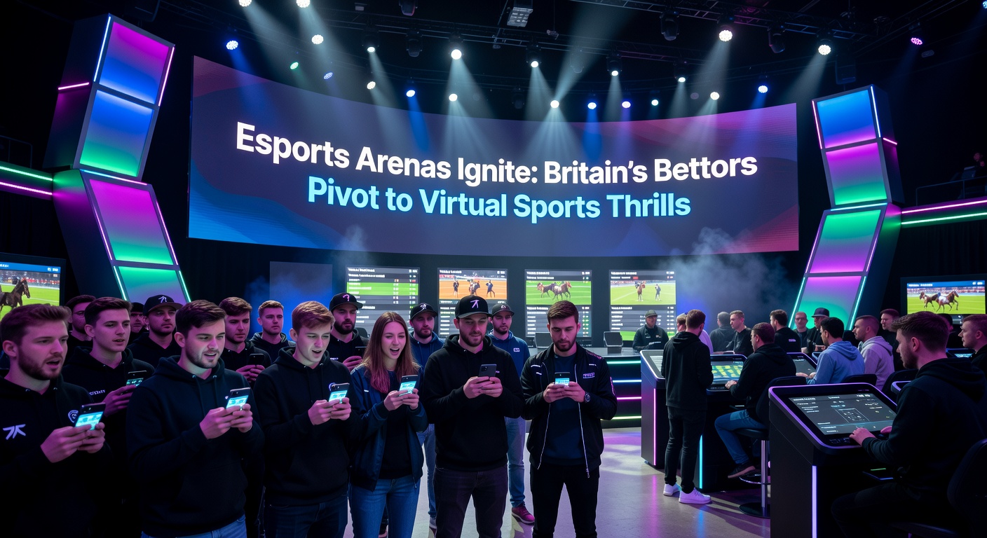 Close-up of bettors in an esports arena intensely watching virtual football simulations on giant screens, with betting slips and smartphones in hand