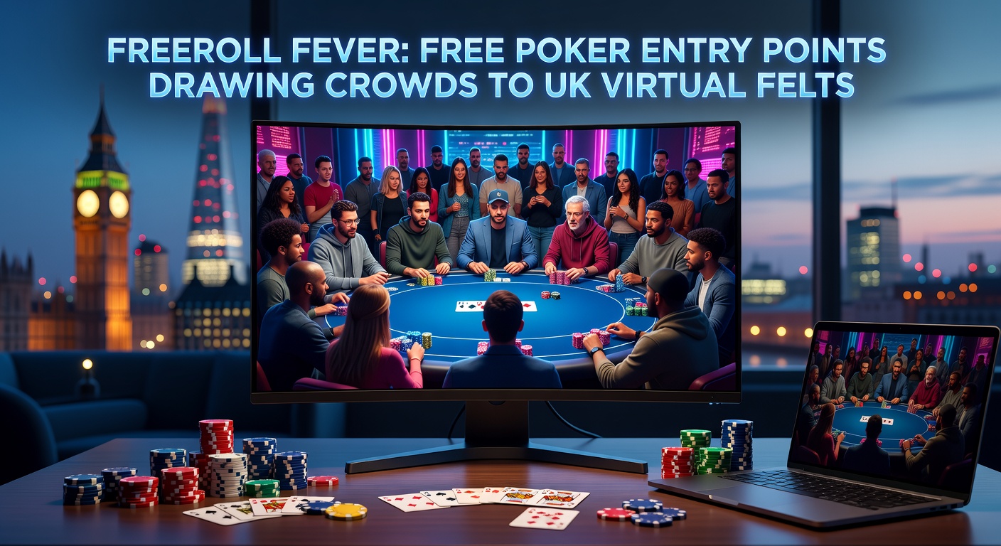 Vibrant online poker tournament lobby showing crowded freeroll tables with players from across the UK competing for prizes