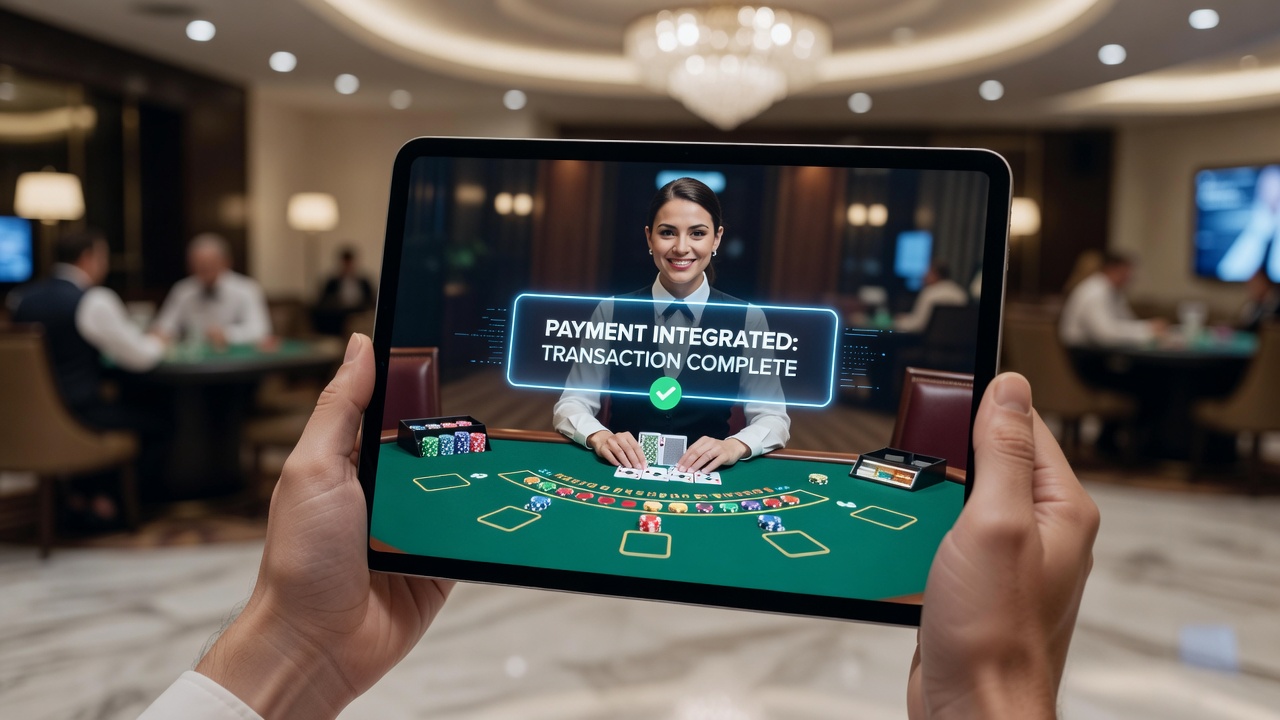 Mobile device displaying integrated payment interface during a live dealer blackjack session
