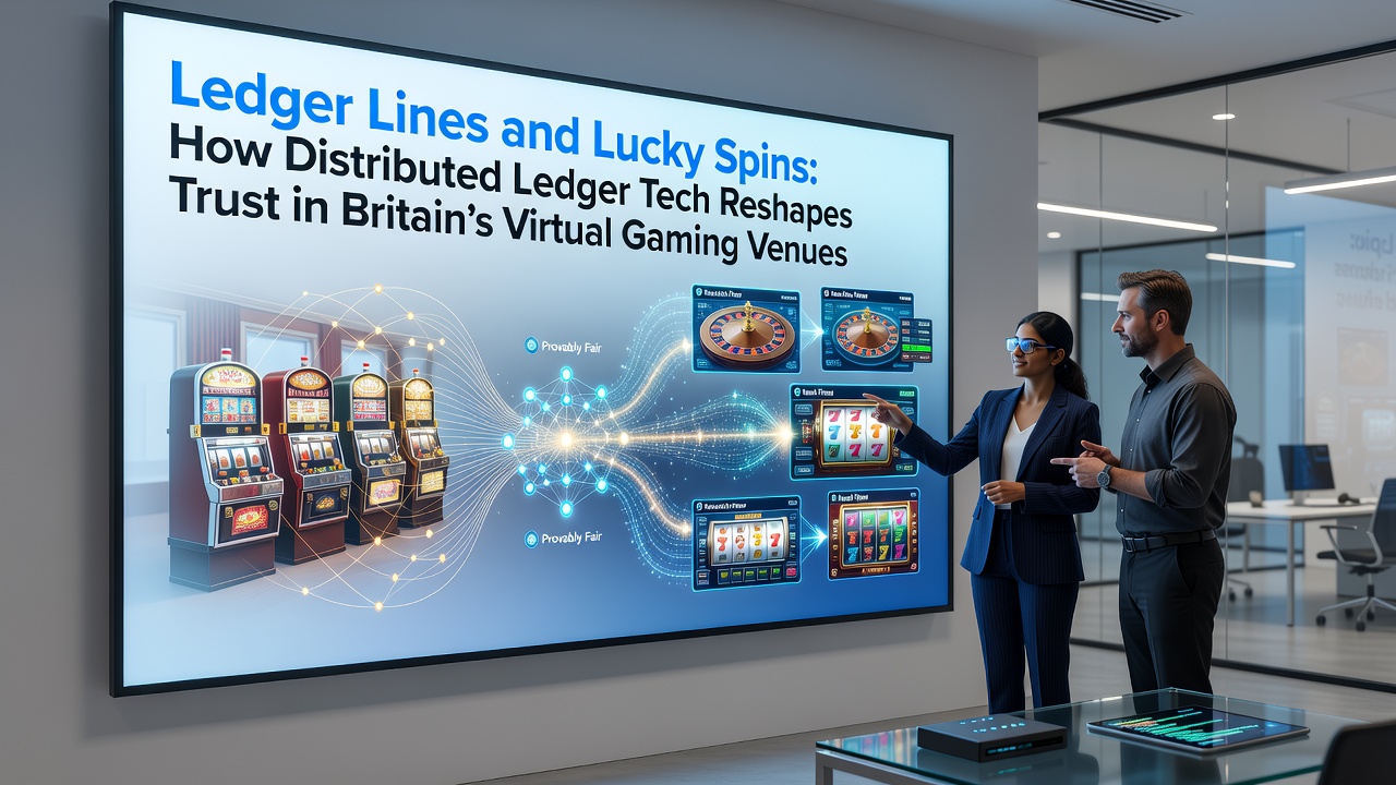 Illustration of blockchain nodes connecting to online casino interfaces in Britain