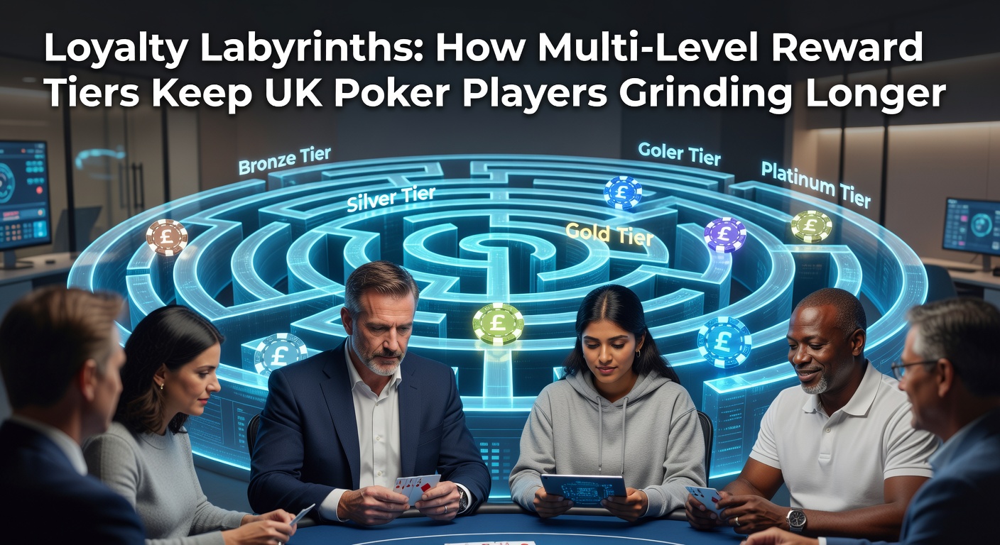 Layered pyramid graphic showing escalating poker loyalty tiers from bronze to diamond levels with reward icons cascading upward