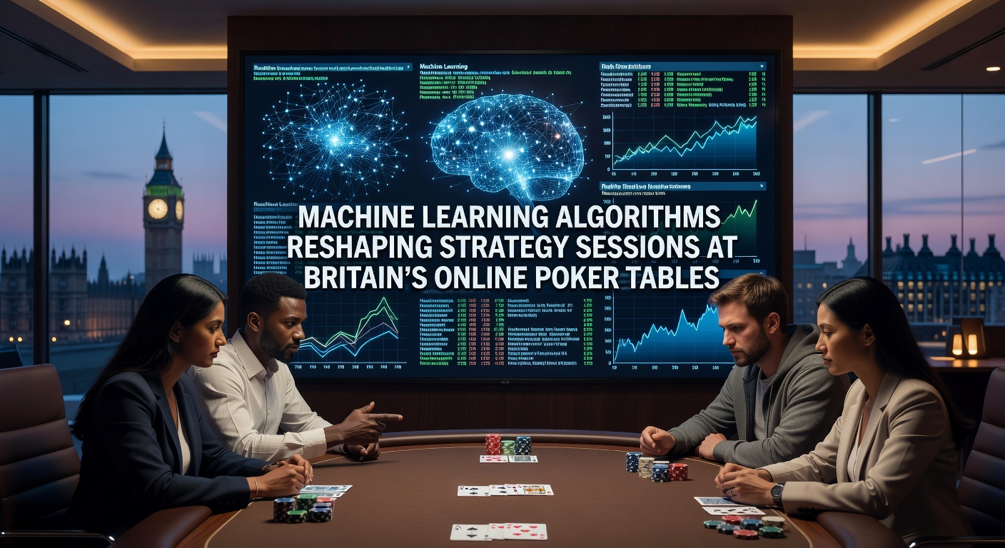 Machine learning interface displaying poker strategy analysis on a digital screen