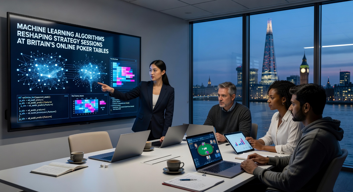 Group of poker players reviewing algorithmic feedback during a strategy workshop