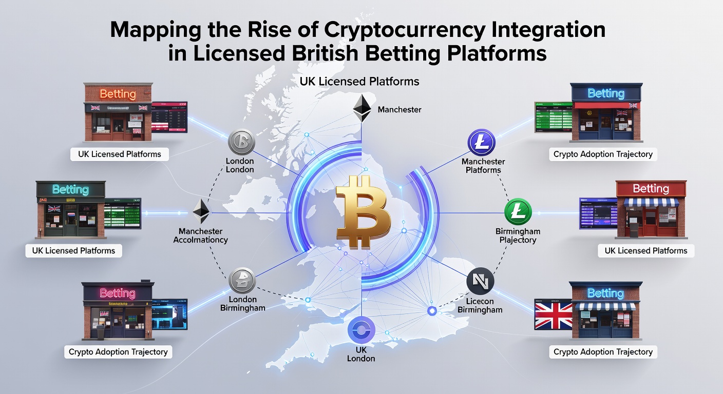 Overview of cryptocurrency integration in British betting platforms showing digital wallet icons and betting interfaces