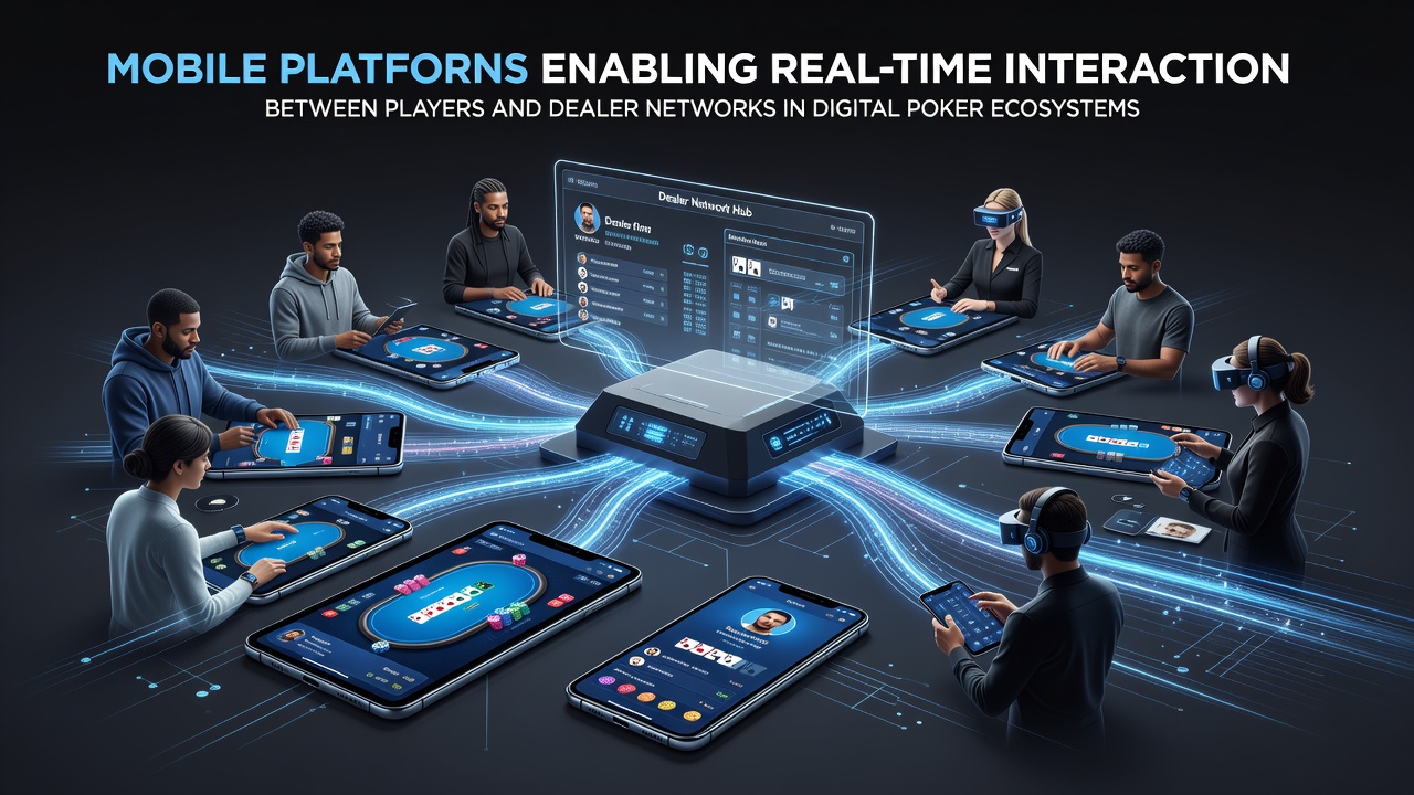 Mobile poker app interface showing real-time dealer video feed and player chat features