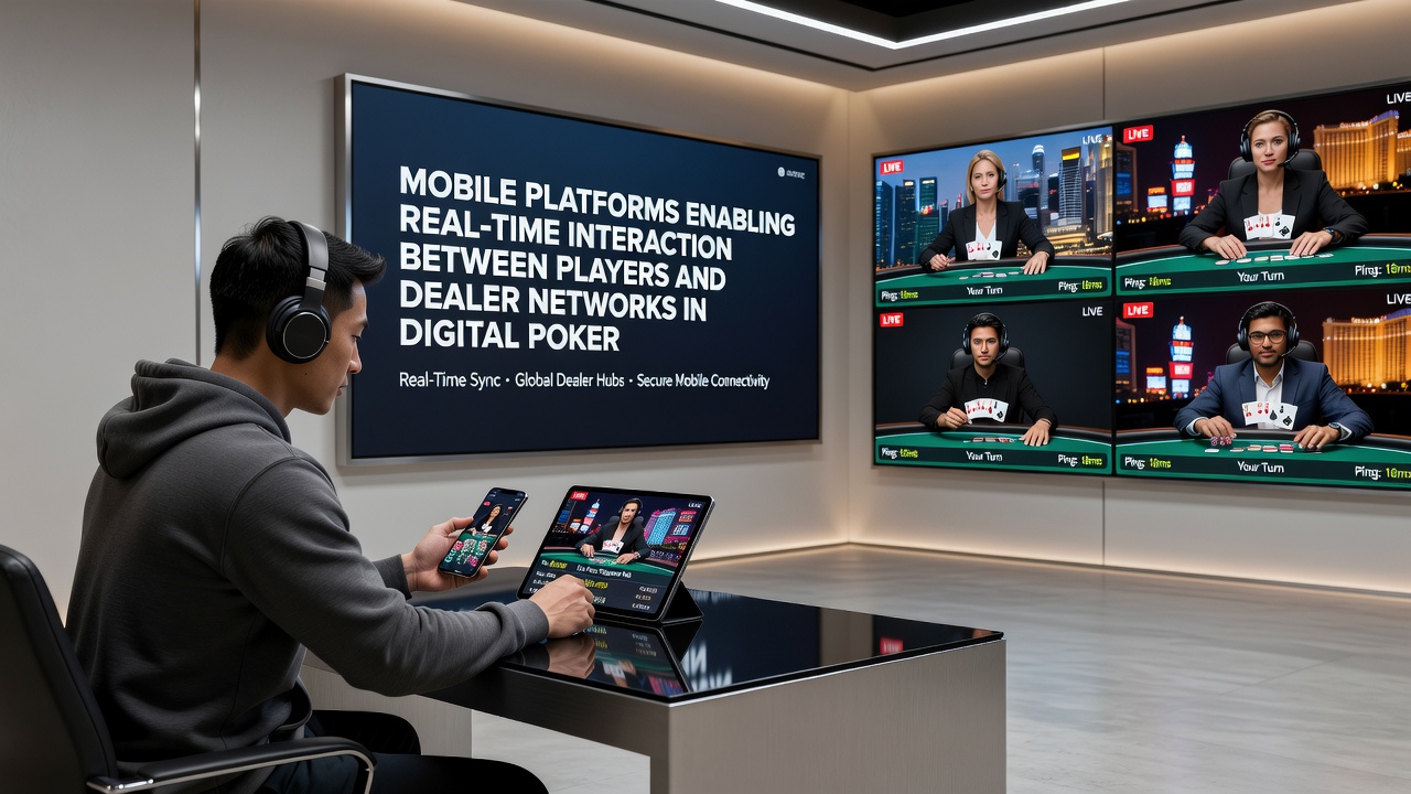 Live dealer studio setup with multiple camera feeds connected to mobile poker platforms