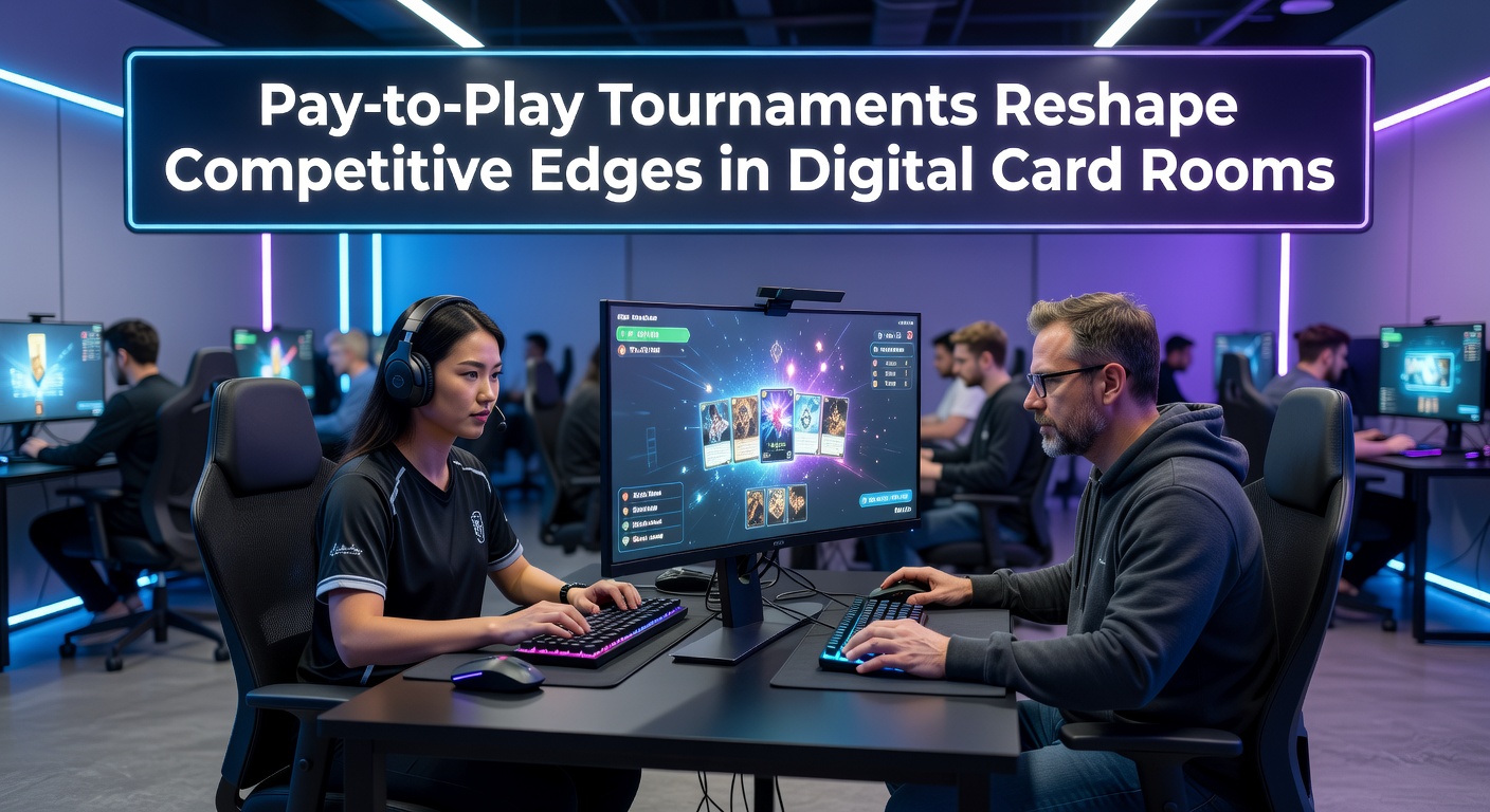 Digital screen showing intense online poker tournament with entry fee prompts and leaderboards glowing in neon hues