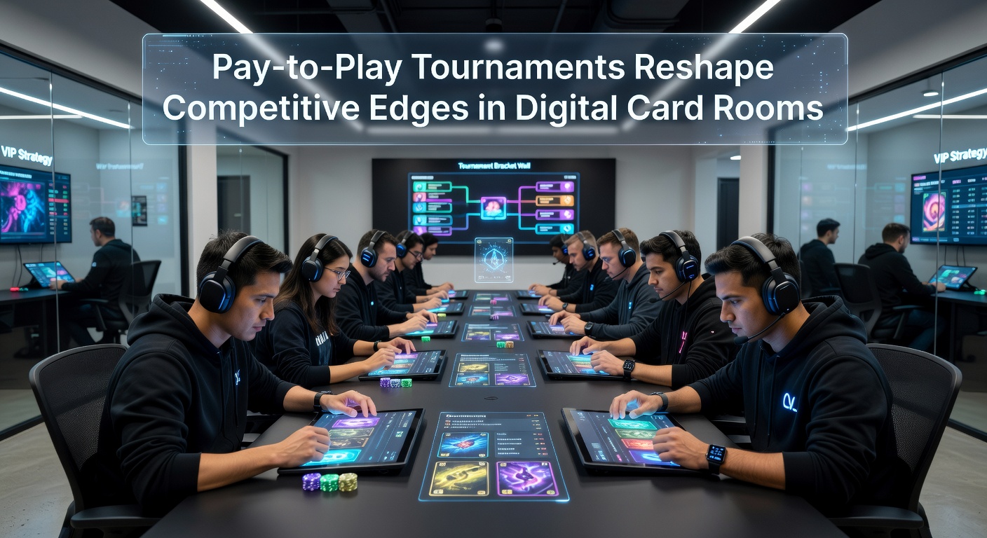 Close-up of a player's interface during a pay-to-play card tournament, displaying chip stacks, bet sliders, and real-time opponent stats