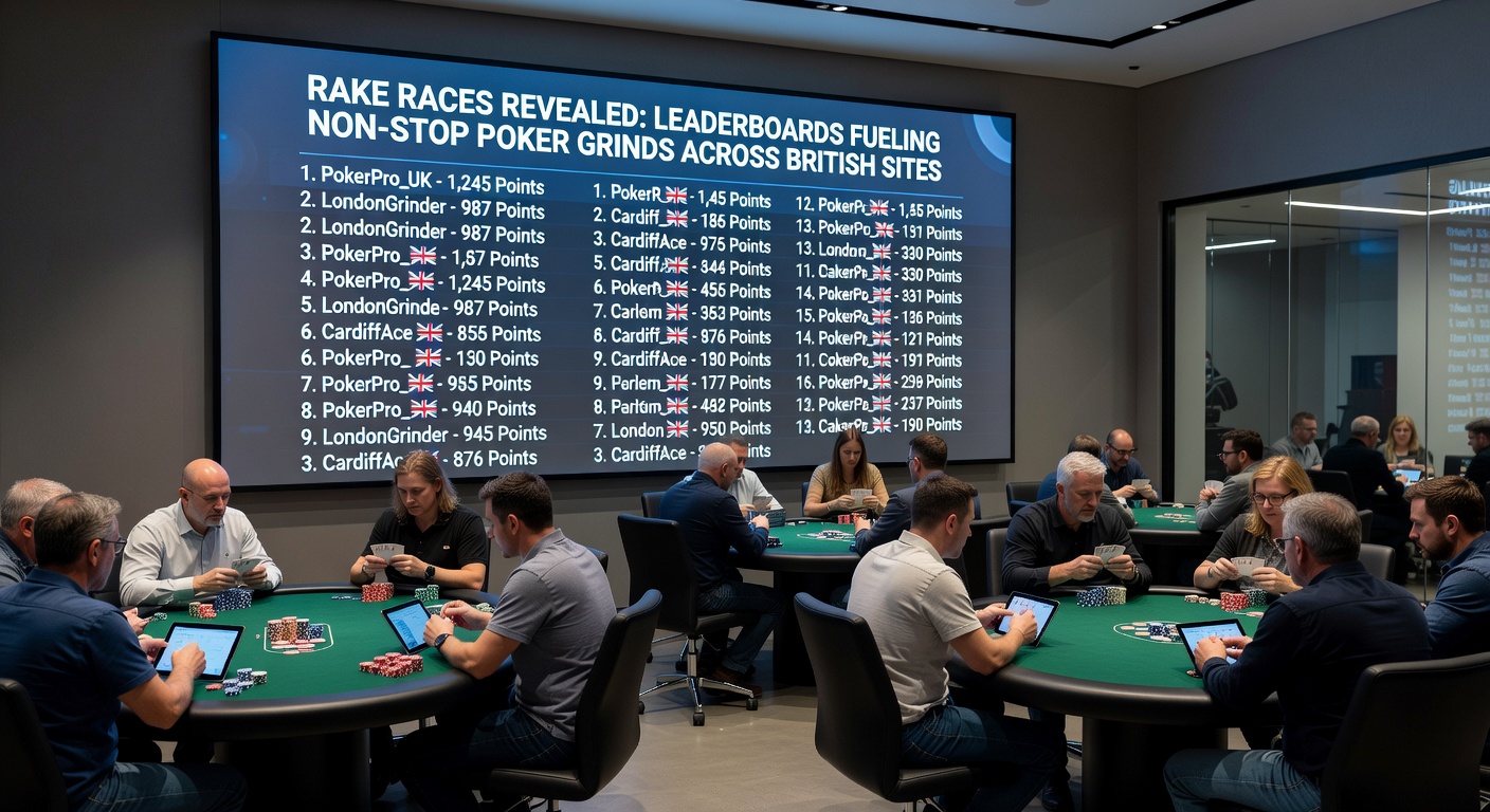 Close-up of a poker player multi-tabling on a leaderboard-driven rake race, screens filled with action