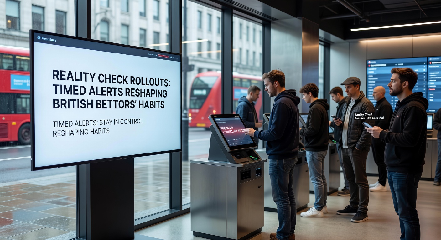 Digital screen showing a reality check alert popup during an online betting session, displaying time spent and session stats for a UK bettor