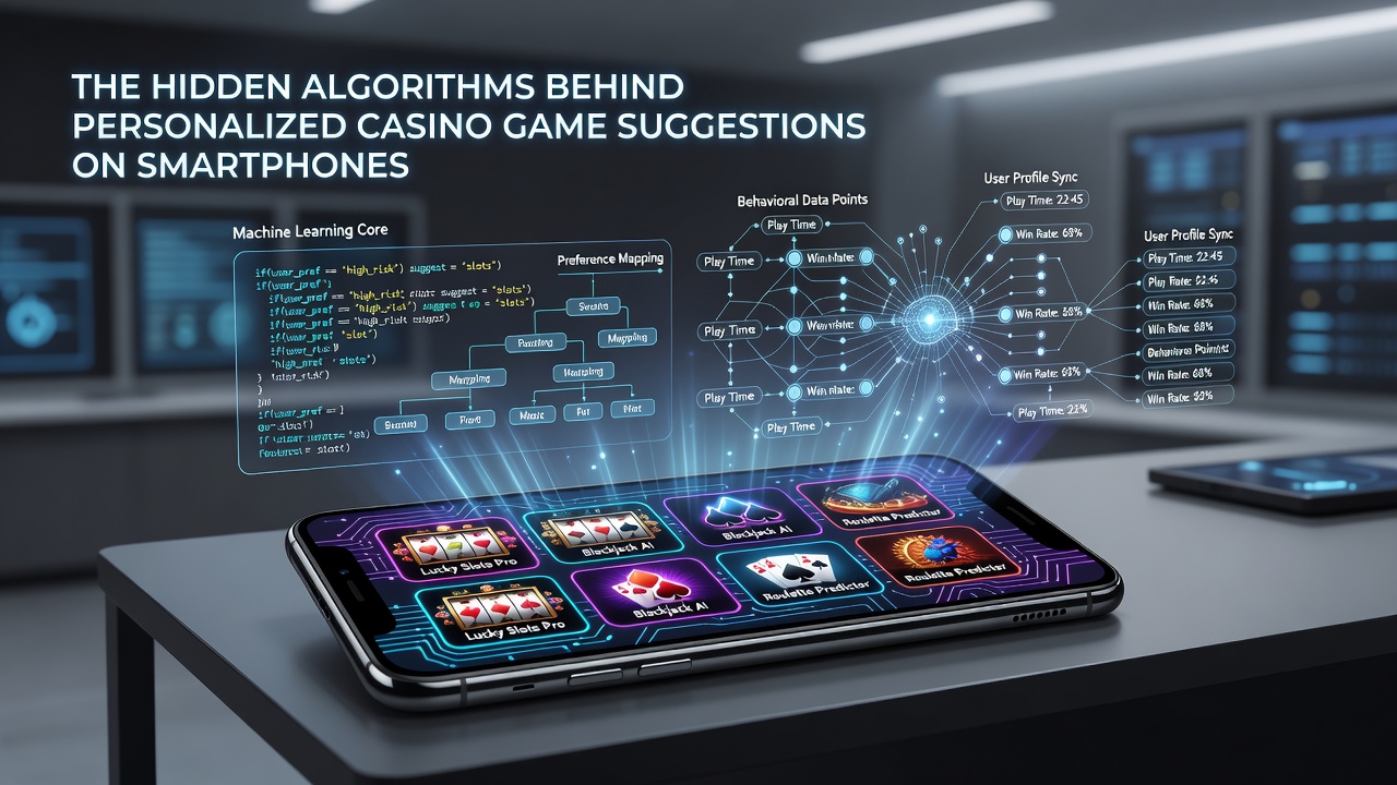 Close-up of casino app interface with algorithmic game suggestions on a mobile device