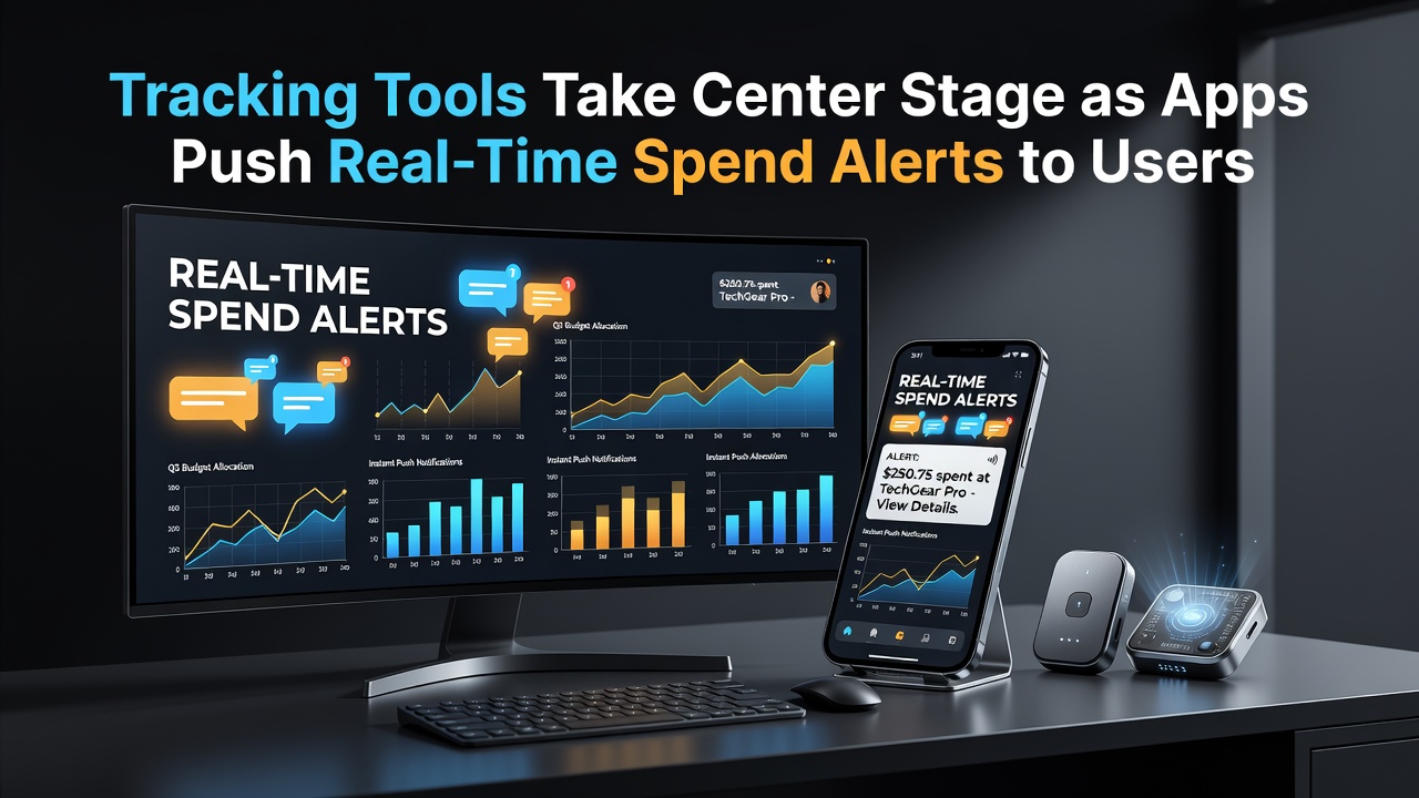 Mobile app interface displaying real-time spend tracking and alert notifications on a smartphone screen