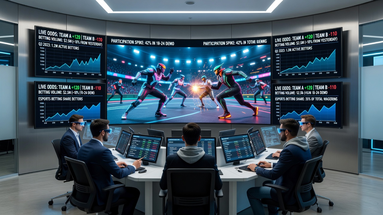 Mobile device displaying esports arena betting interface with live virtual match overlay